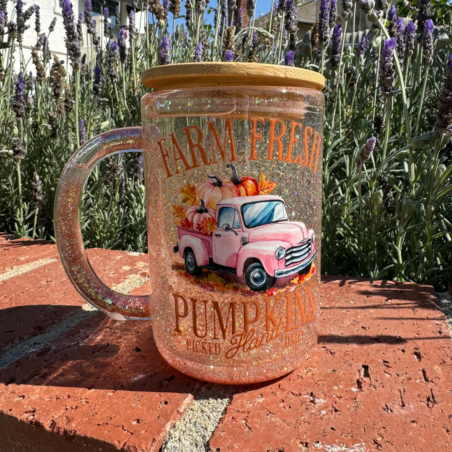 Farm Fresh Pumpkins with Pink Farm Truck Glitter Globe Coffee Cup
