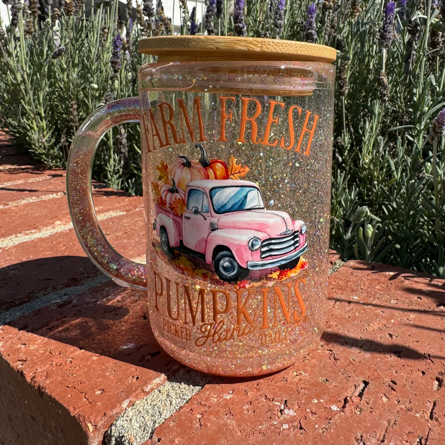 Farm Fresh Pumpkins with Pink Farm Truck Glitter Globe Coffee Cup