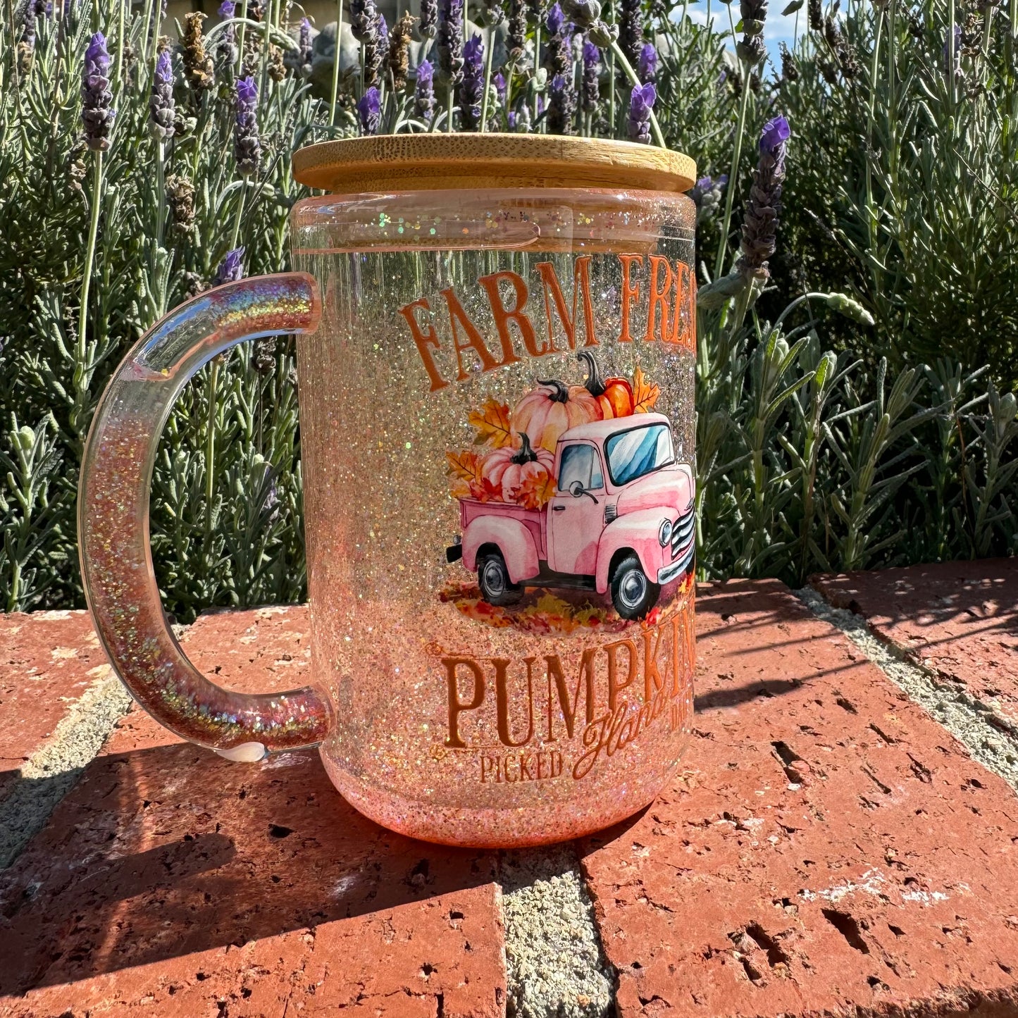 Farm Fresh Pumpkins with Pink Farm Truck Glitter Globe Coffee Cup