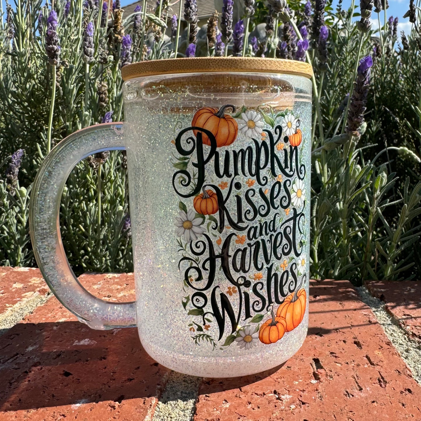 Pumpkin Kisses and Harvest Wishes Glitter Globe Coffee Cup