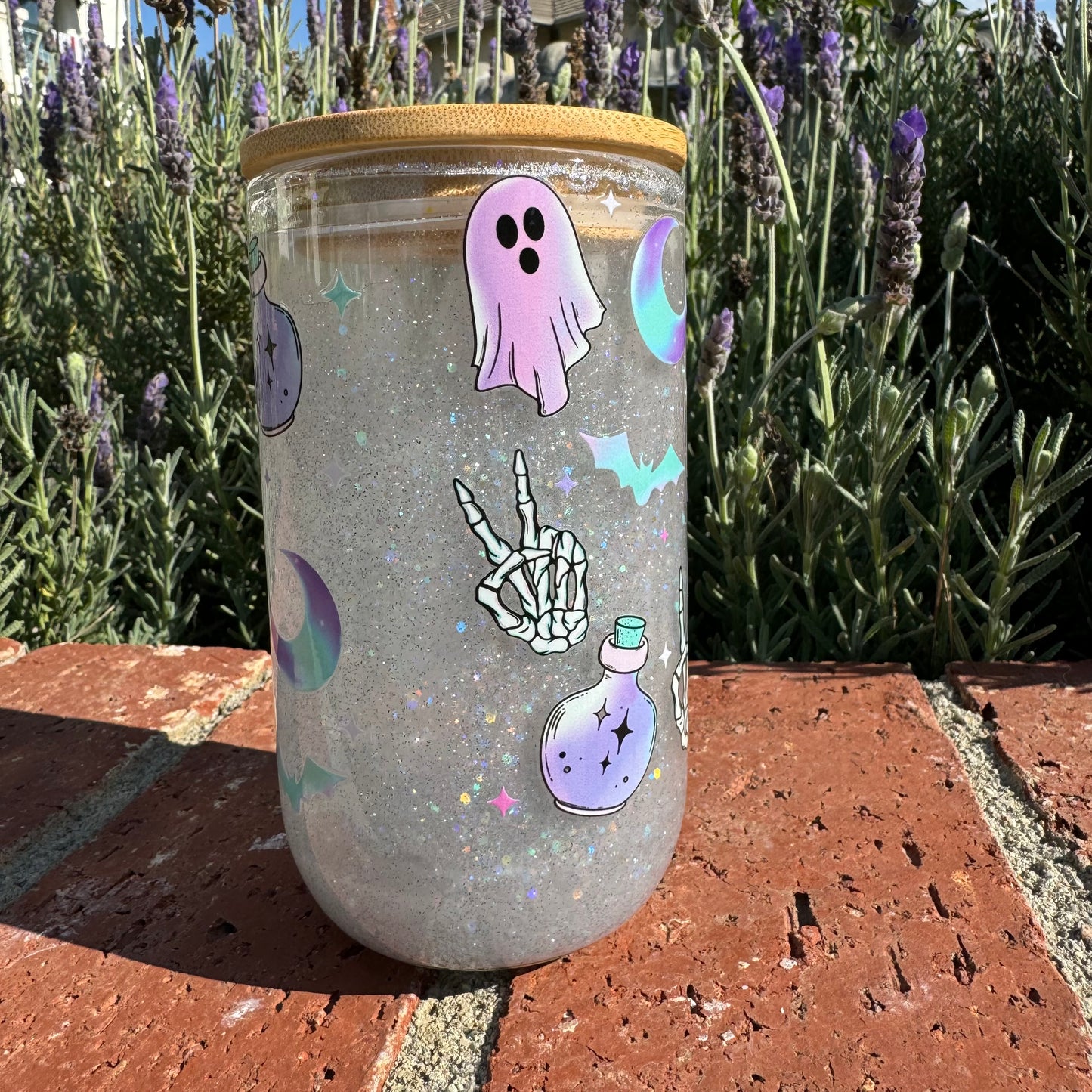 Cute but Spooky Purple Ghost Halloween UV Reactive Glass Glitter Globe