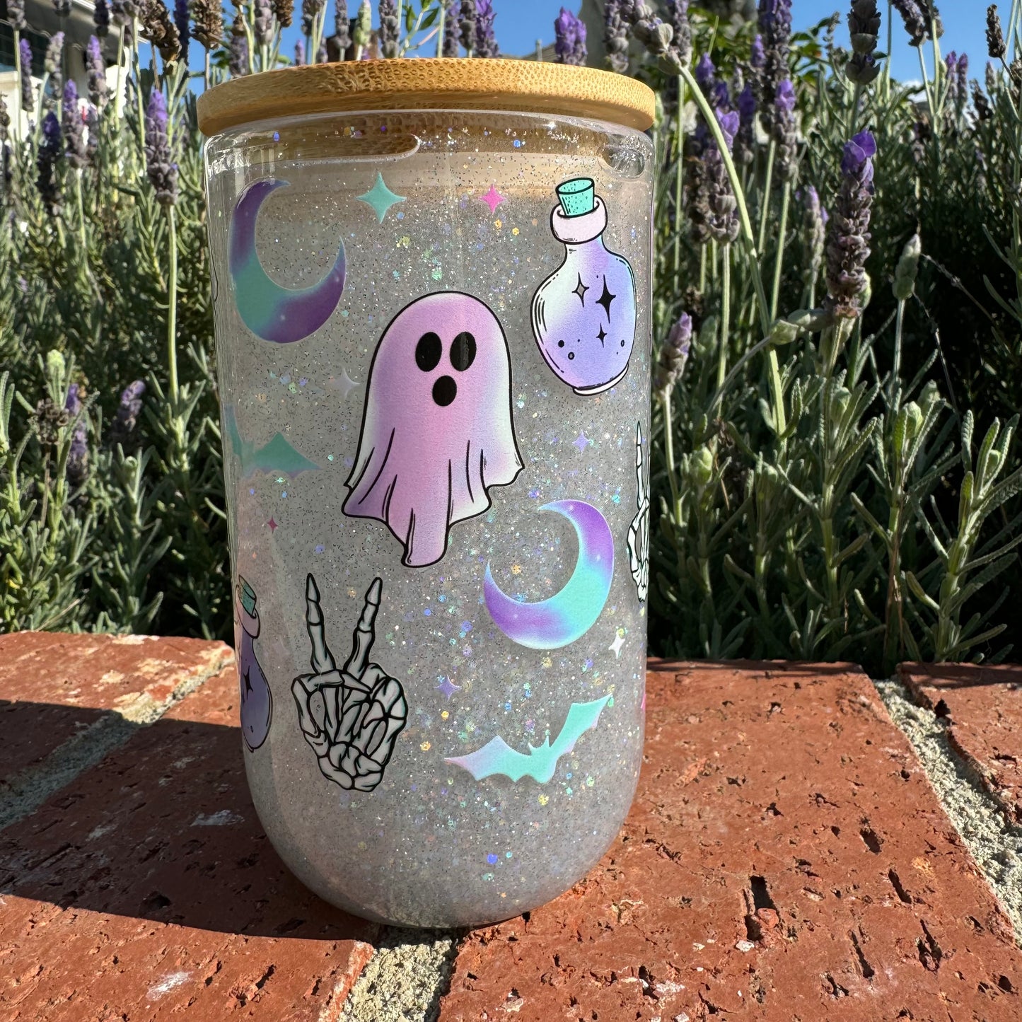 Cute but Spooky Purple Ghost Halloween UV Reactive Glass Glitter Globe