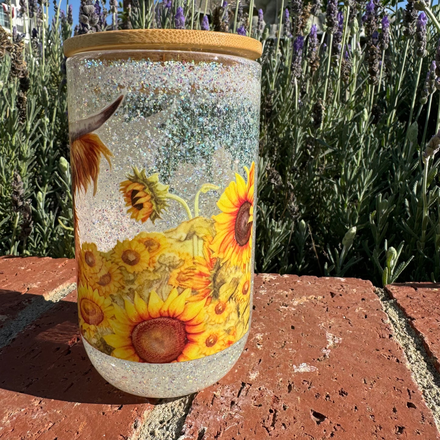 Highland Cow Sunflower Wine Glitter Globe Cup
