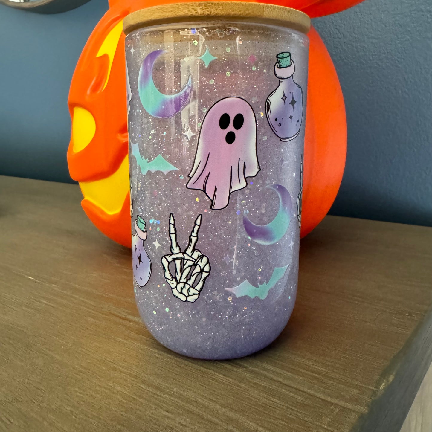 Cute but Spooky Purple Ghost Halloween UV Reactive Glass Glitter Globe