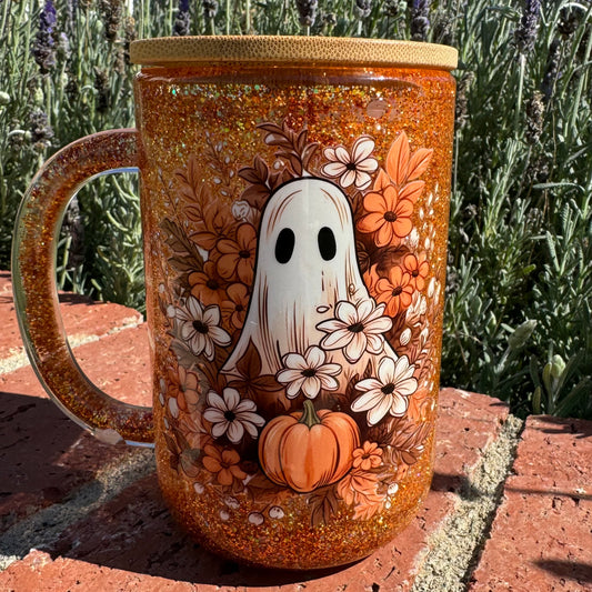 Floral Ghost Glitter Globe Coffee Cup
