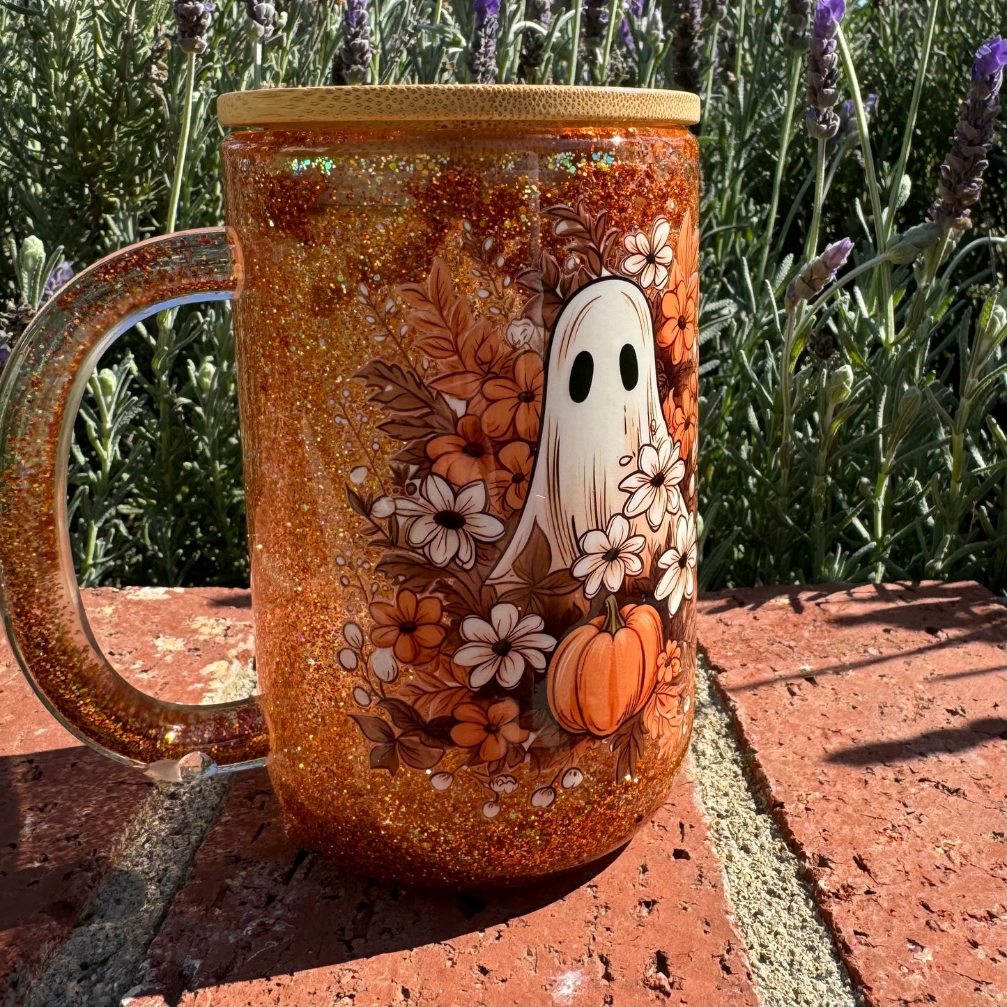 Floral Ghost Glitter Globe Coffee Cup