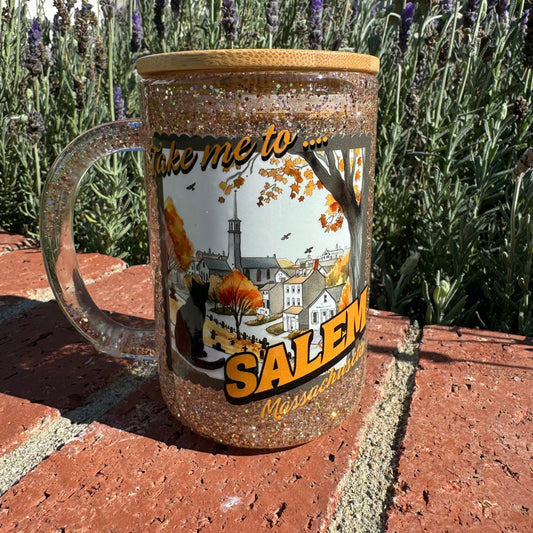 Welcome To Salem Black Cat Glitter Globe Glass Coffee Cup