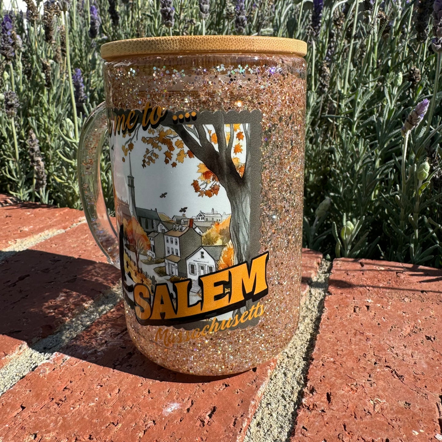 Welcome To Salem Black Cat Glitter Globe Glass Coffee Cup