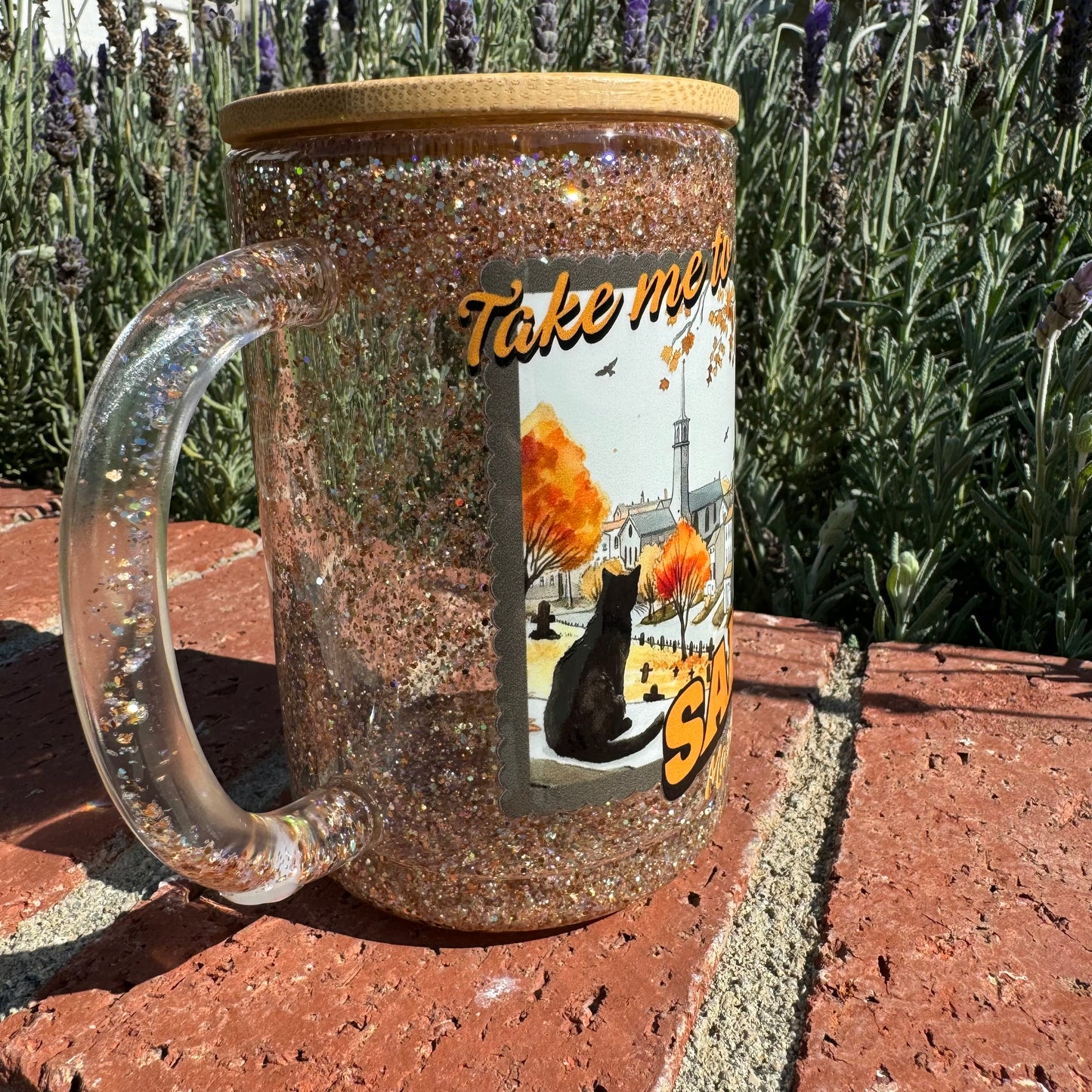 Welcome To Salem Black Cat Glitter Globe Glass Coffee Cup