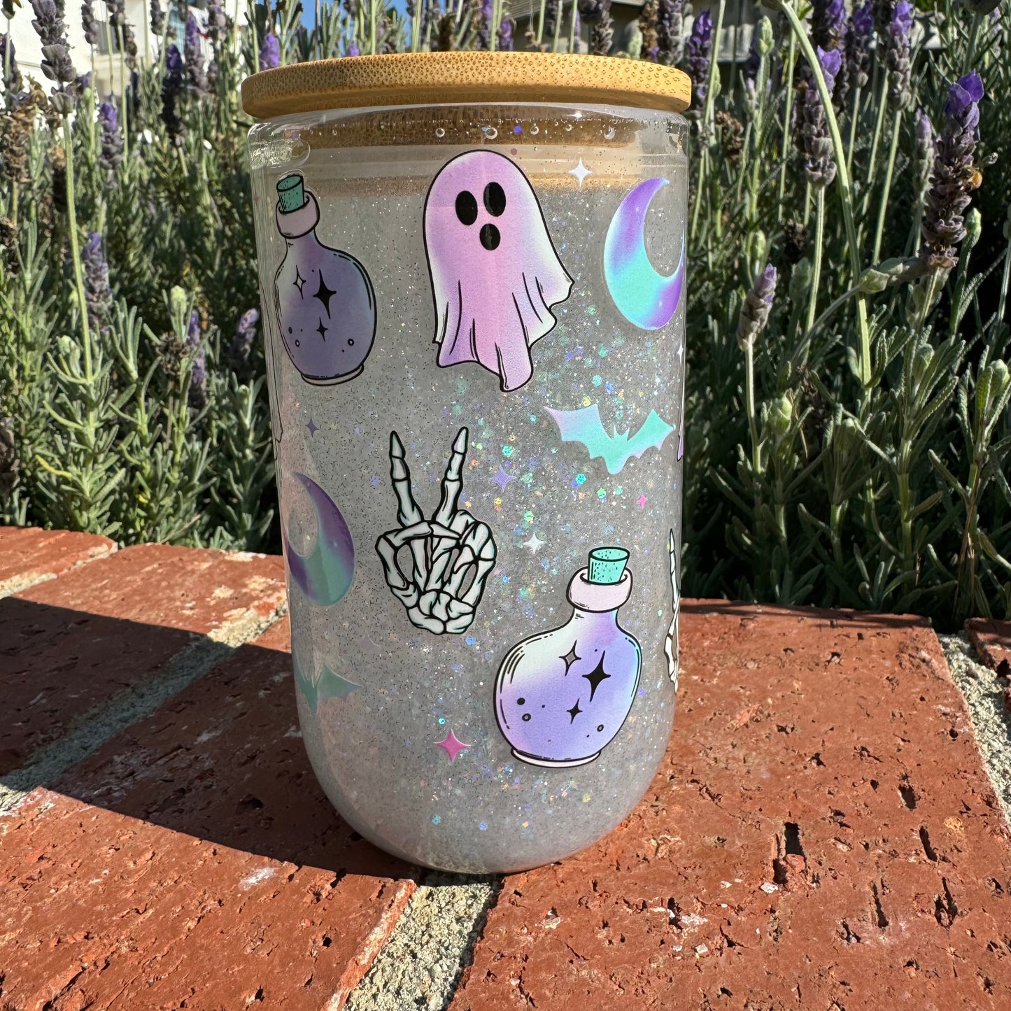 Cute but Spooky Purple Ghost Halloween UV Reactive Glass Glitter Globe