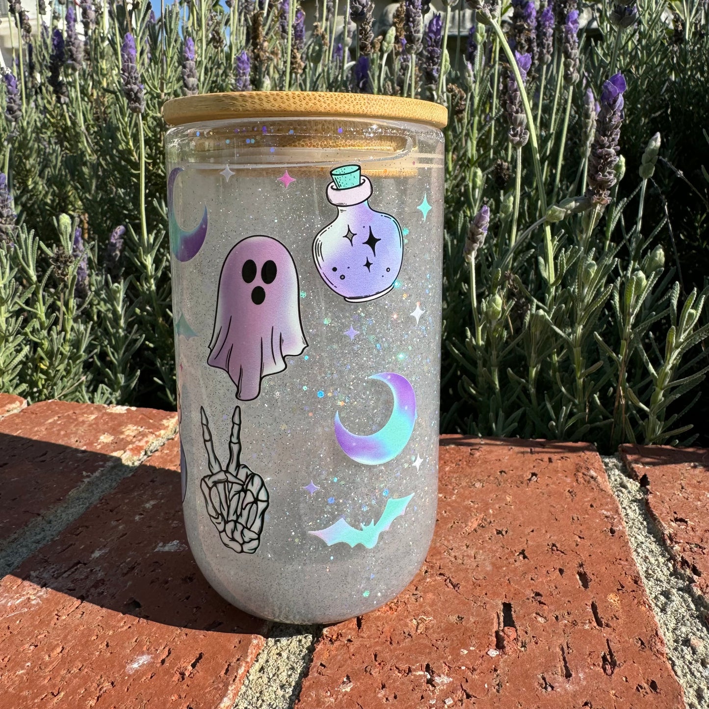 Cute but Spooky Purple Ghost Halloween UV Reactive Glass Glitter Globe