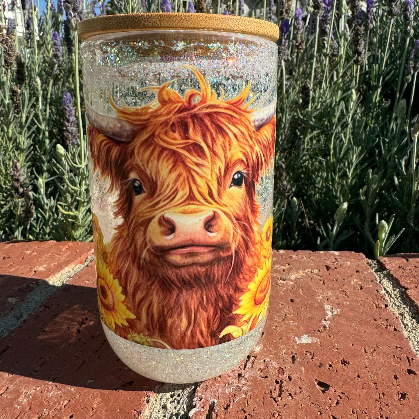 Highland Cow Sunflower Wine Glitter Globe Cup