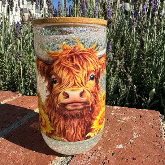Highland Cow Sunflower Wine Glitter Globe Cup
