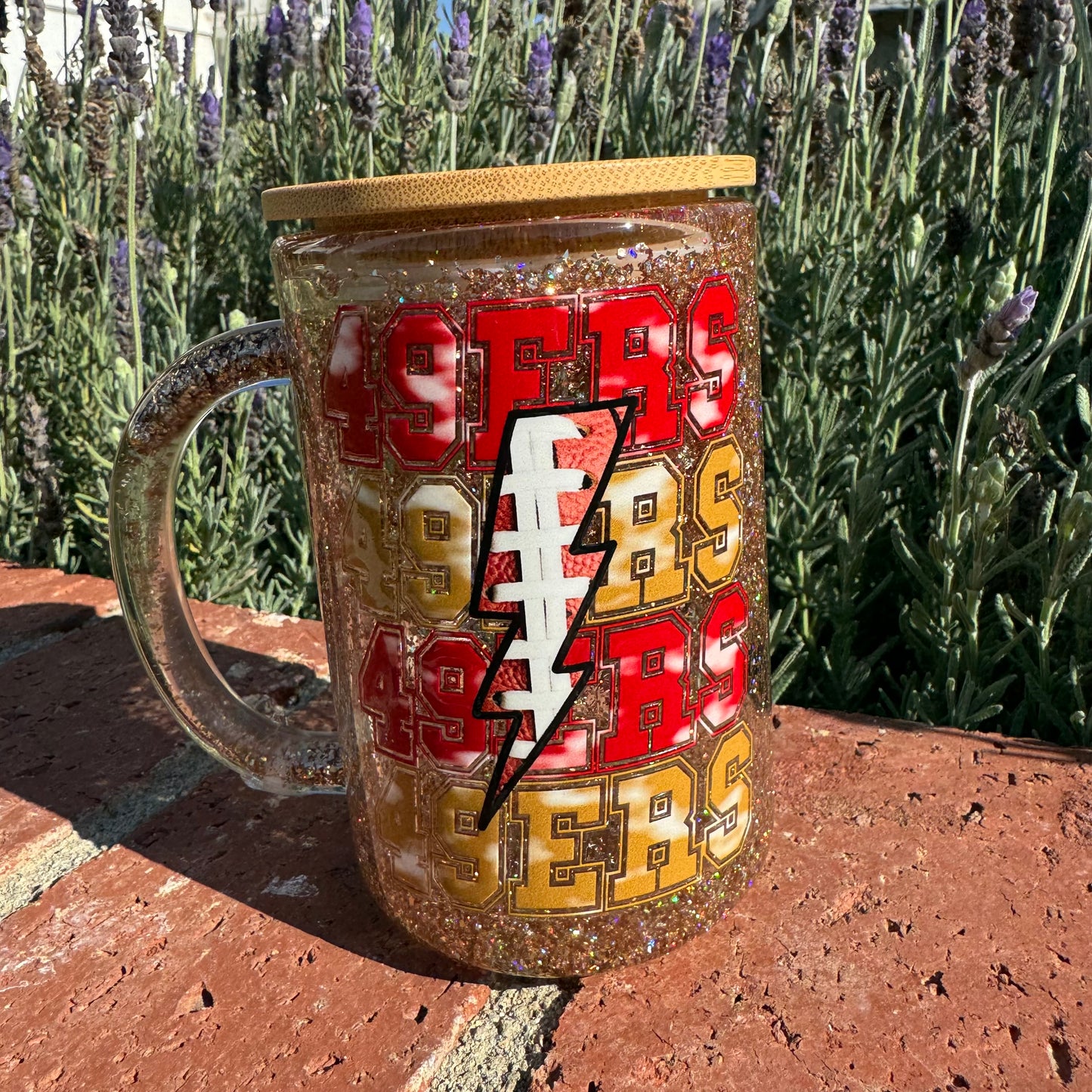 Red and Gold San Francisco Football Glitter Globe Glass Coffee Cup