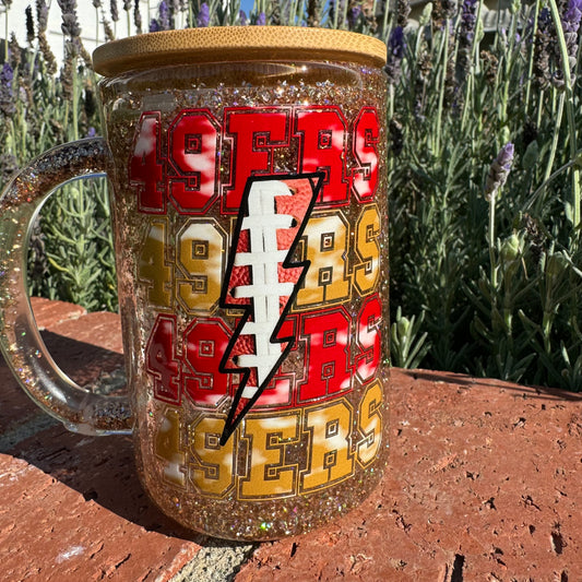 Red and Gold San Francisco Football Glitter Globe Glass Coffee Cup